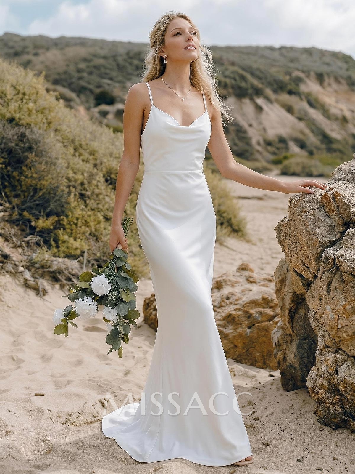 Sheath/Column Stretch Satin Ruched Spaghetti Straps Sweep Train Sleeveless Wedding Dresses