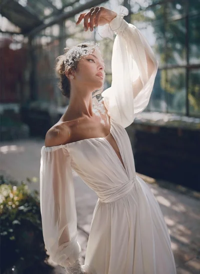 A-Line Off-The-Shoulder Long Sleeves Chiffon Sweep Train Wedding Dress