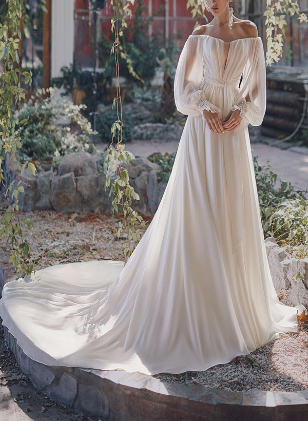 A-Line Off-the-Shoulder Long Sleeves Chiffon Sweep Train Wedding Dress 