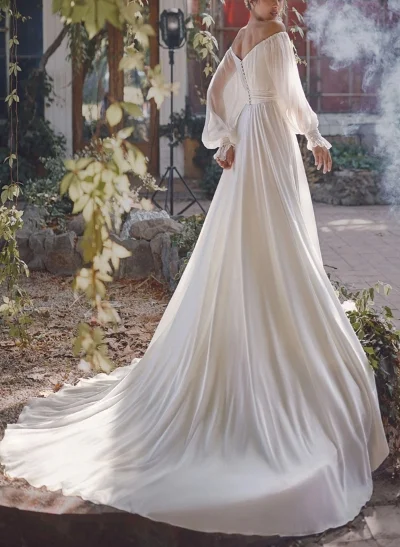 A-Line Off-The-Shoulder Long Sleeves Chiffon Sweep Train Wedding Dress