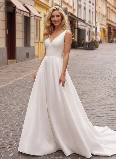 A-Line V-Neck Stretch Crepe Ruffles Sleeveless Sweep Train Wedding Dresses