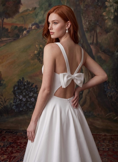A-Line V-Neck Stretch Crepe Ruffles Sleeveless Sweep Train Wedding Dresses