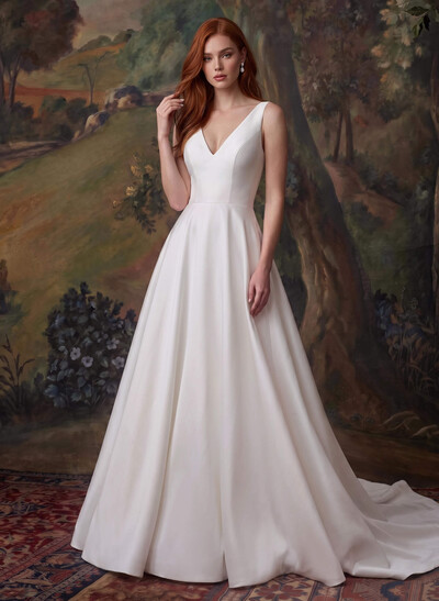 A-Line V-Neck Stretch Crepe Ruffles Sleeveless Sweep Train Wedding Dresses