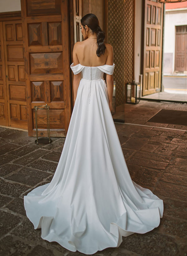 Cowl Neck Sweep Train Satin Panel Wedding Dress With Split Front