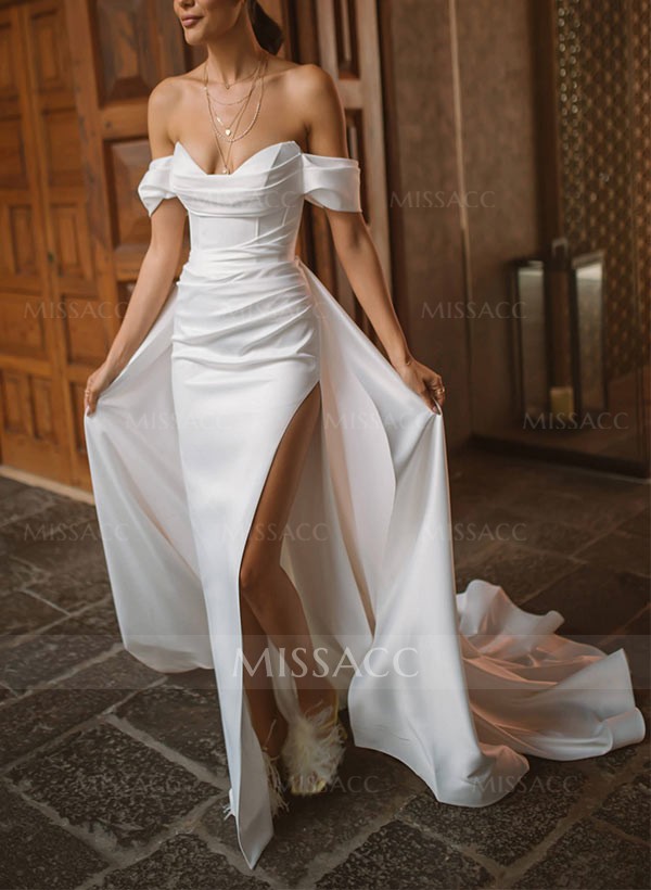 Cowl Neck Sweep Train Satin Panel Wedding Dress With Split Front