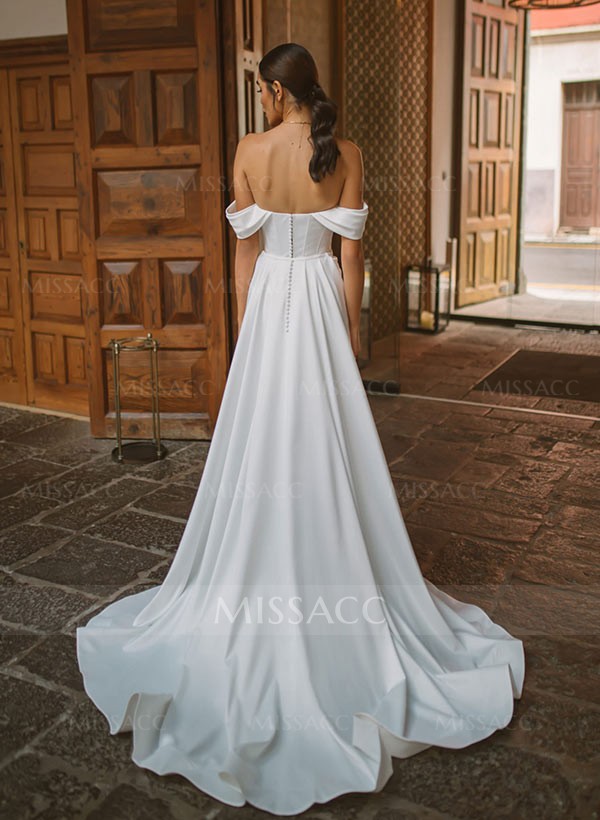 Cowl Neck Sweep Train Satin Panel Wedding Dress With Split Front