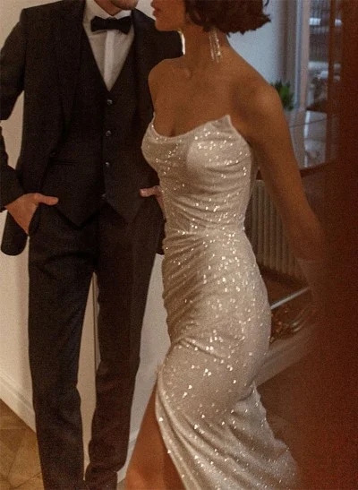 Trumpet/Mermaid Strapless Sleeveless Sequined Sweep Train Wedding Dress