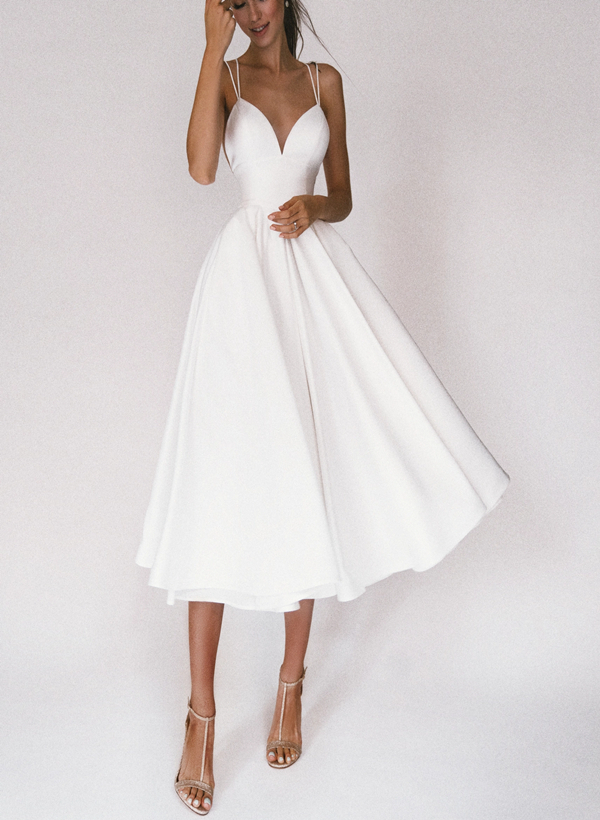 A-Line V-Neck Sleeveless Satin Knee-Length Wedding Dress