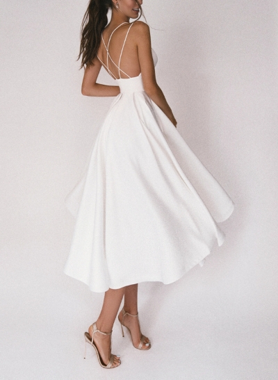 A-Line V-Neck Sleeveless Satin Knee-Length Wedding Dress