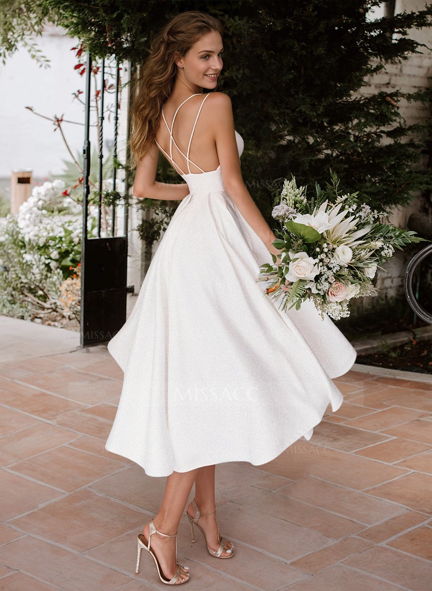 A-Line V-Neck Sleeveless Satin Knee-Length Wedding Dress