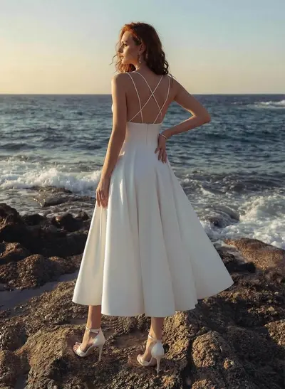 A-Line V-Neck Sleeveless Tea-Length Satin Wedding Dress