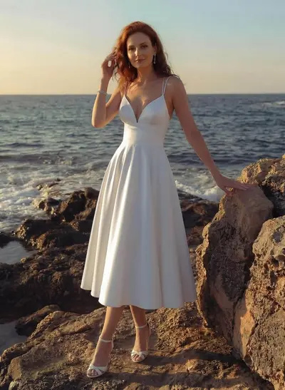 A-Line V-Neck Sleeveless Tea-Length Satin Wedding Dress