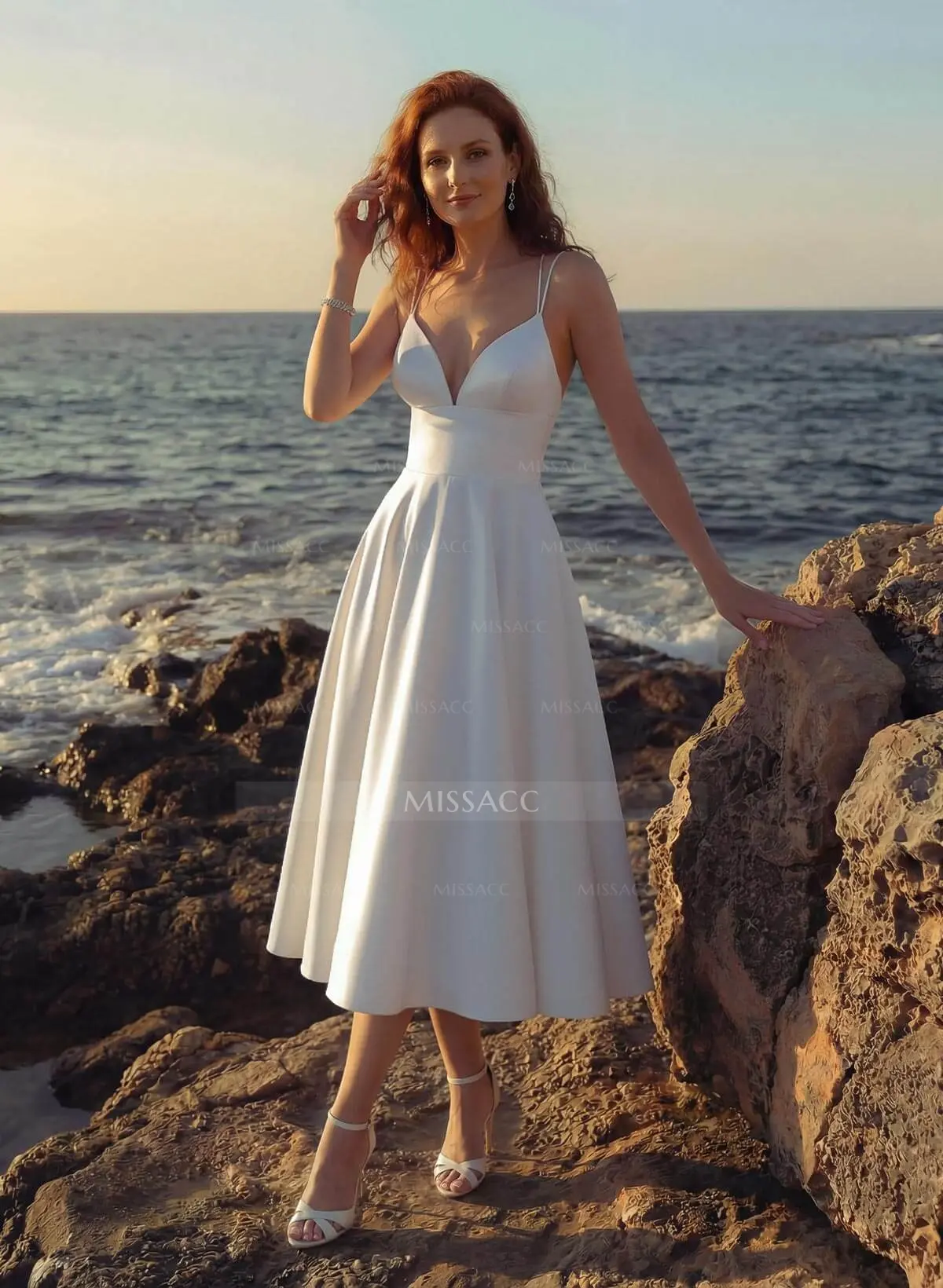 A-Line V-Neck Sleeveless Tea-Length Satin Wedding Dress With - Missacc  Germany