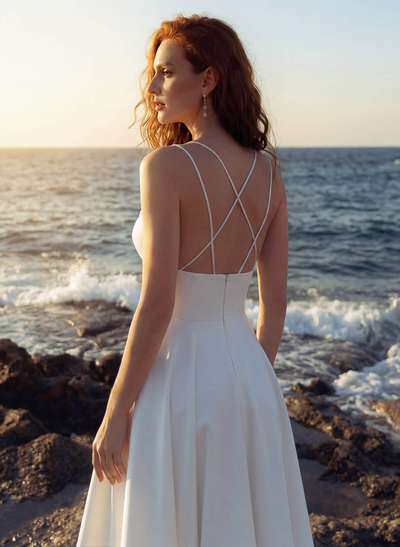 A-Line V-Neck Sleeveless Tea-Length Satin Wedding Dress With