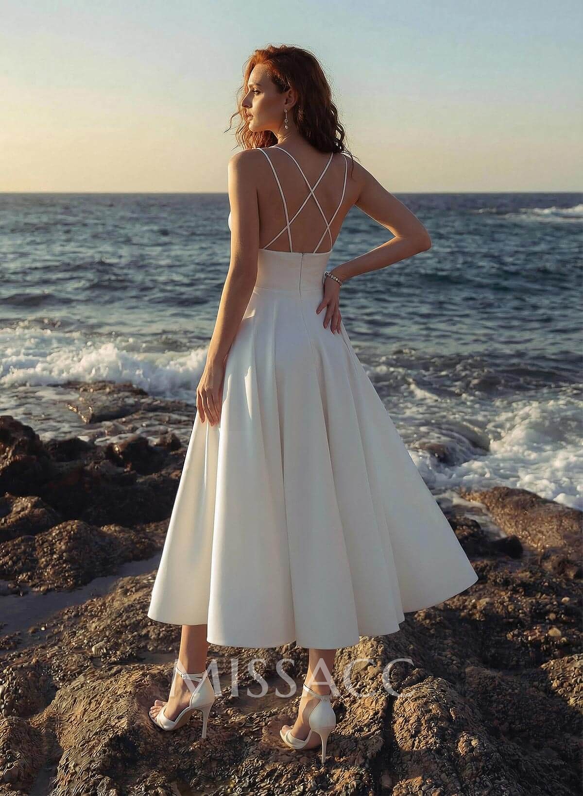 A-Line V-Neck Sleeveless Tea-Length Satin Wedding Dress With A-Line V-Neck Sleeveless Tea-Length Satin Wedding Dress With