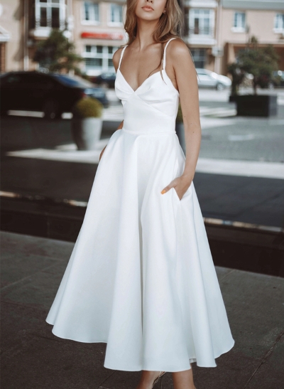 A-Line V-Neck Sleeveless Satin Tea-Length Wedding Dress With Pockets