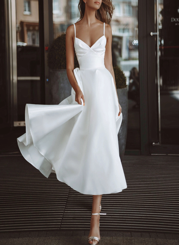 A-Line V-Neck Sleeveless Satin Tea-Length Wedding Dress With Pockets