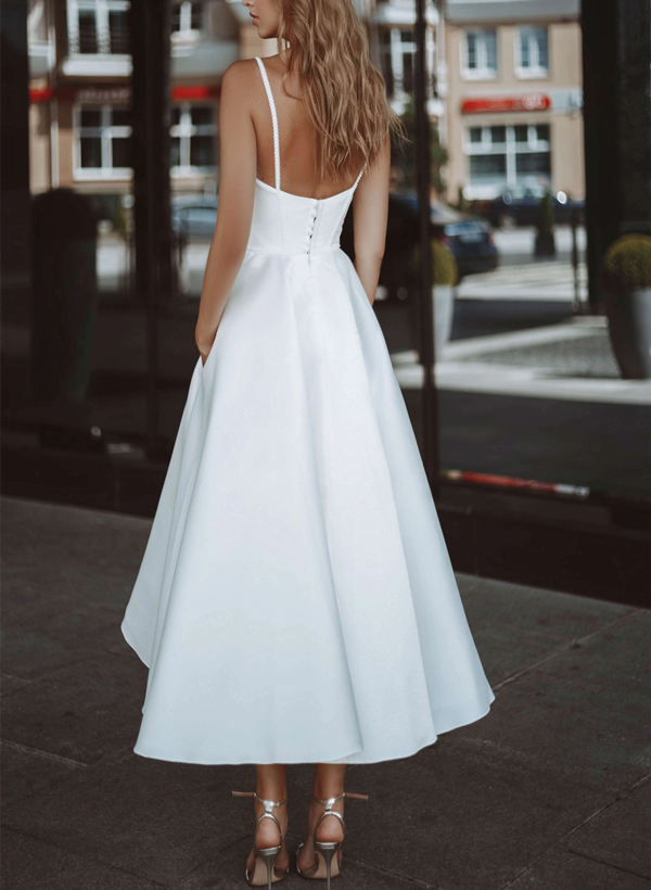 A-Line V-Neck Sleeveless Satin Tea-Length Wedding Dress With Pockets