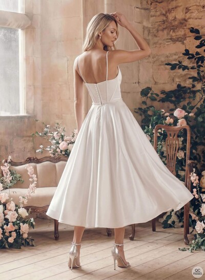 A-Line V-Neck Sleeveless Satin Tea-Length Wedding Dress With Pockets
