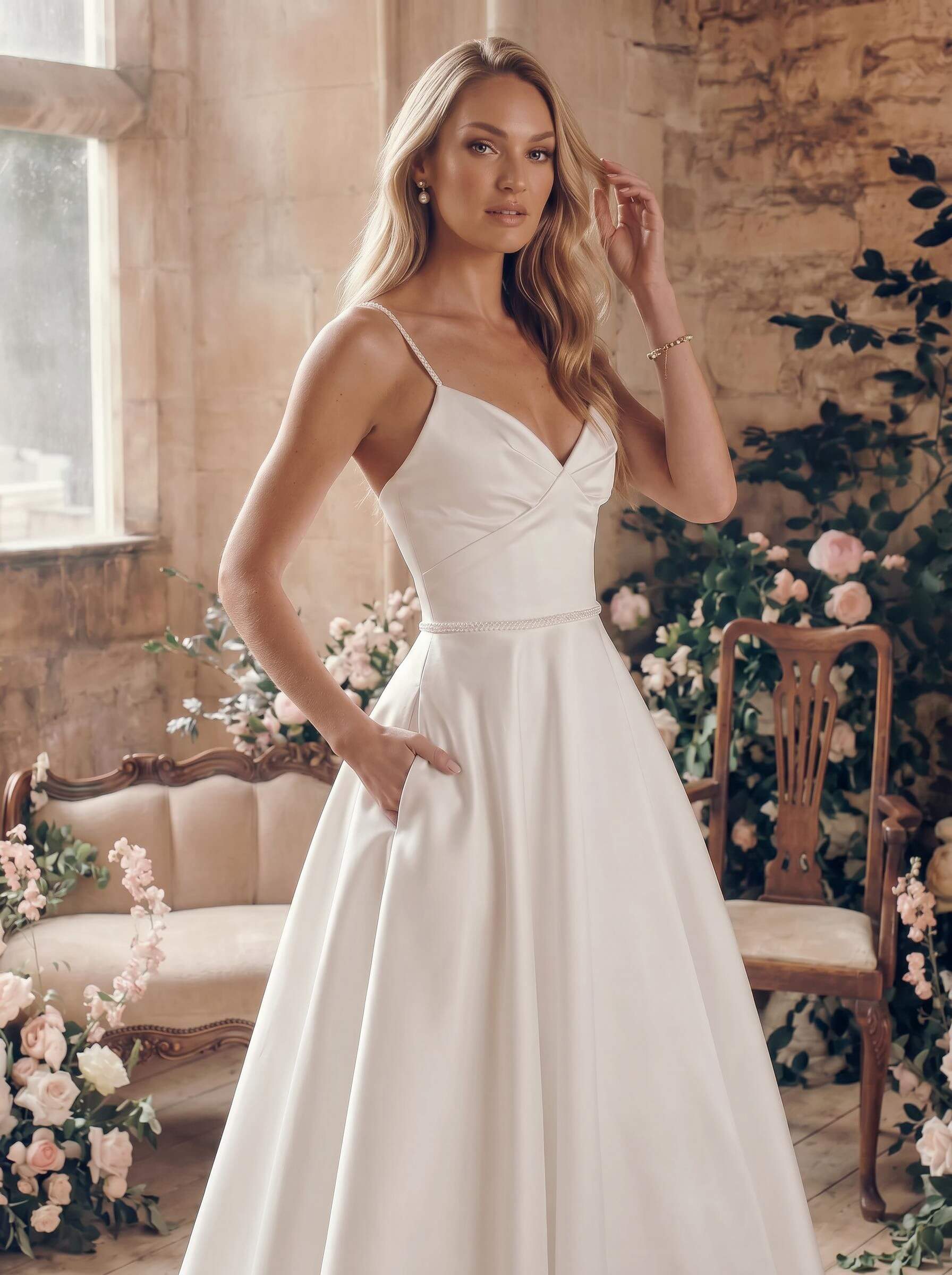 A-Line V-Neck Sleeveless Satin Tea-Length Wedding Dress With Pockets A-Line V-Neck Sleeveless Satin Tea-Length Wedding Dress With Pockets