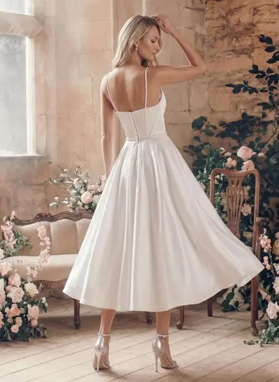 A-Line V-Neck Sleeveless Satin Tea-Length Wedding Dress With Pockets