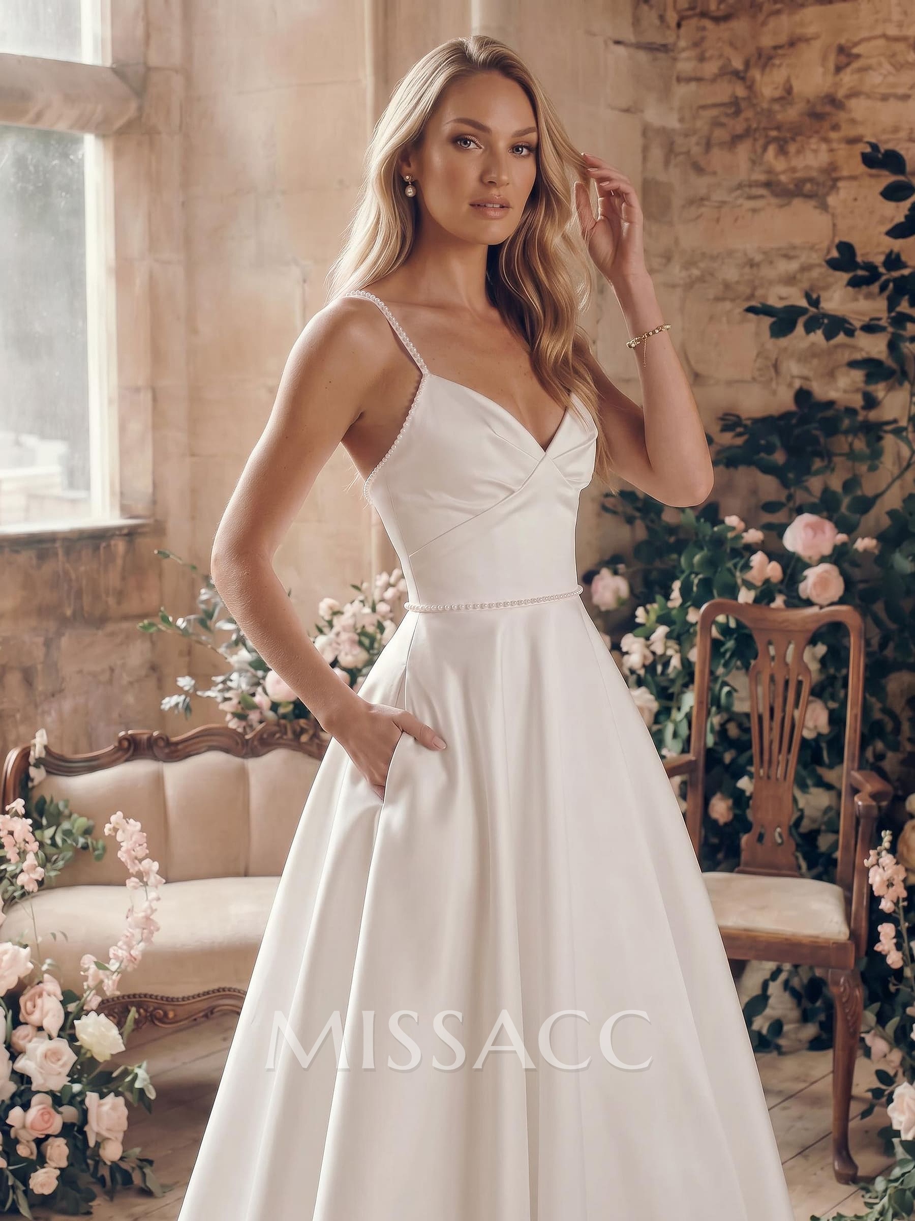 A-Line V-Neck Sleeveless Satin Tea-Length Wedding Dress With Pockets A-Line V-Neck Sleeveless Satin Tea-Length Wedding Dress With Pockets