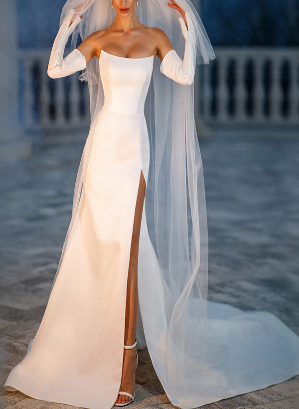 Sheath/Column Strapless  Sleeveless Satin Sweep Train Wedding Dress 