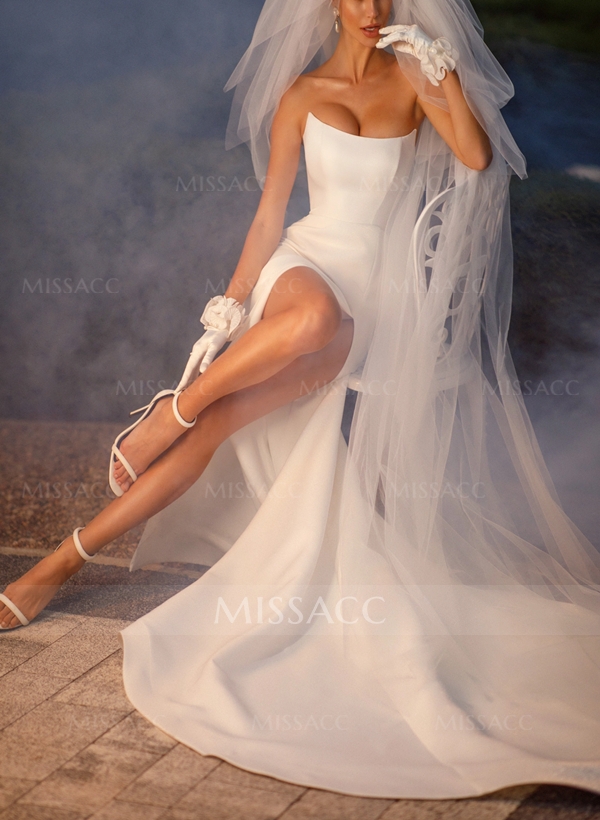 Sheath/Column Strapless  Sleeveless Satin Sweep Train Wedding Dress 