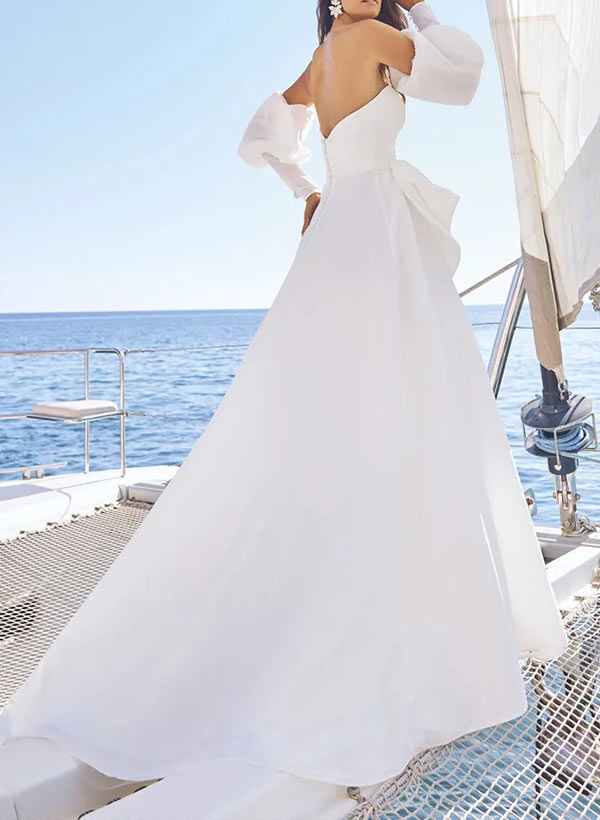 A-Line Sweetheart Sweep Train Satin Wedding Dress With Split Front Bows