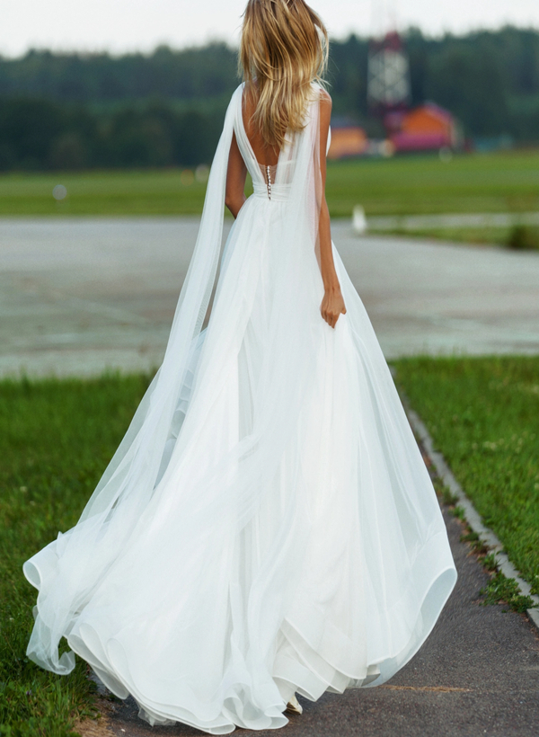 Ball-Gown V-Neck Sleeveless Tulle Floor-Length Wedding Dress With Cascading Ruffles