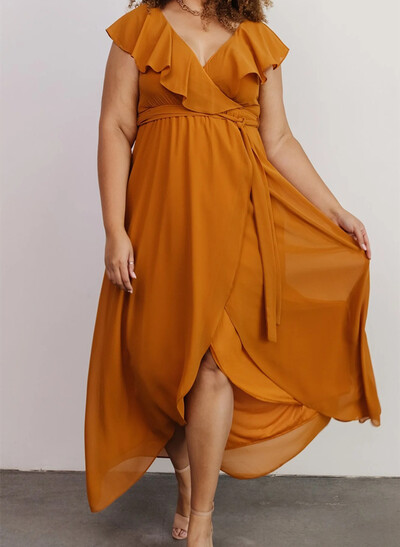 A-Line V-Neck Sleeveless Chiffon Asymmetrical Bridesmaid Dress With Bow(s)