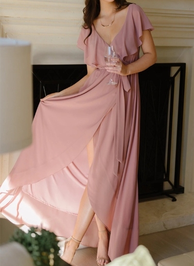 A-Line V-neck Sleeveless Chiffon Asymmetrical Bridesmaid Dress With Bow(s)