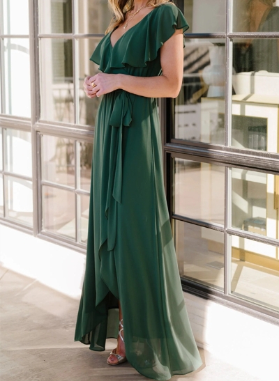 A-Line V-neck Sleeveless Chiffon Asymmetrical Bridesmaid Dress With Bow(s)