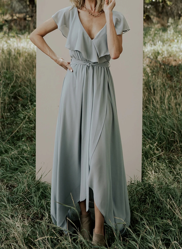 A-Line V-neck Sleeveless Chiffon Asymmetrical Bridesmaid Dress With Bow(s)