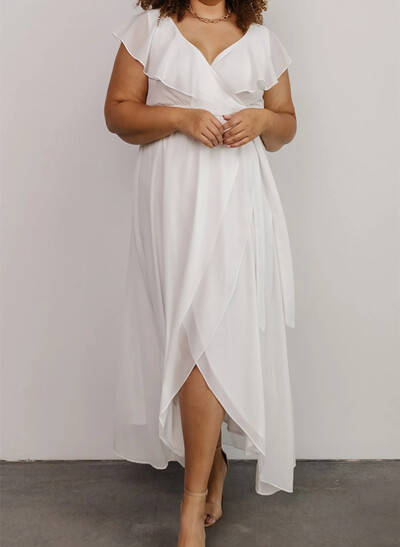 A-Line V-Neck Sleeveless Chiffon Asymmetrical Bridesmaid Dress With Bow(s)