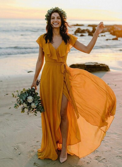 A-Line V-Neck Sleeveless Chiffon Asymmetrical Bridesmaid Dress With Bow(s)