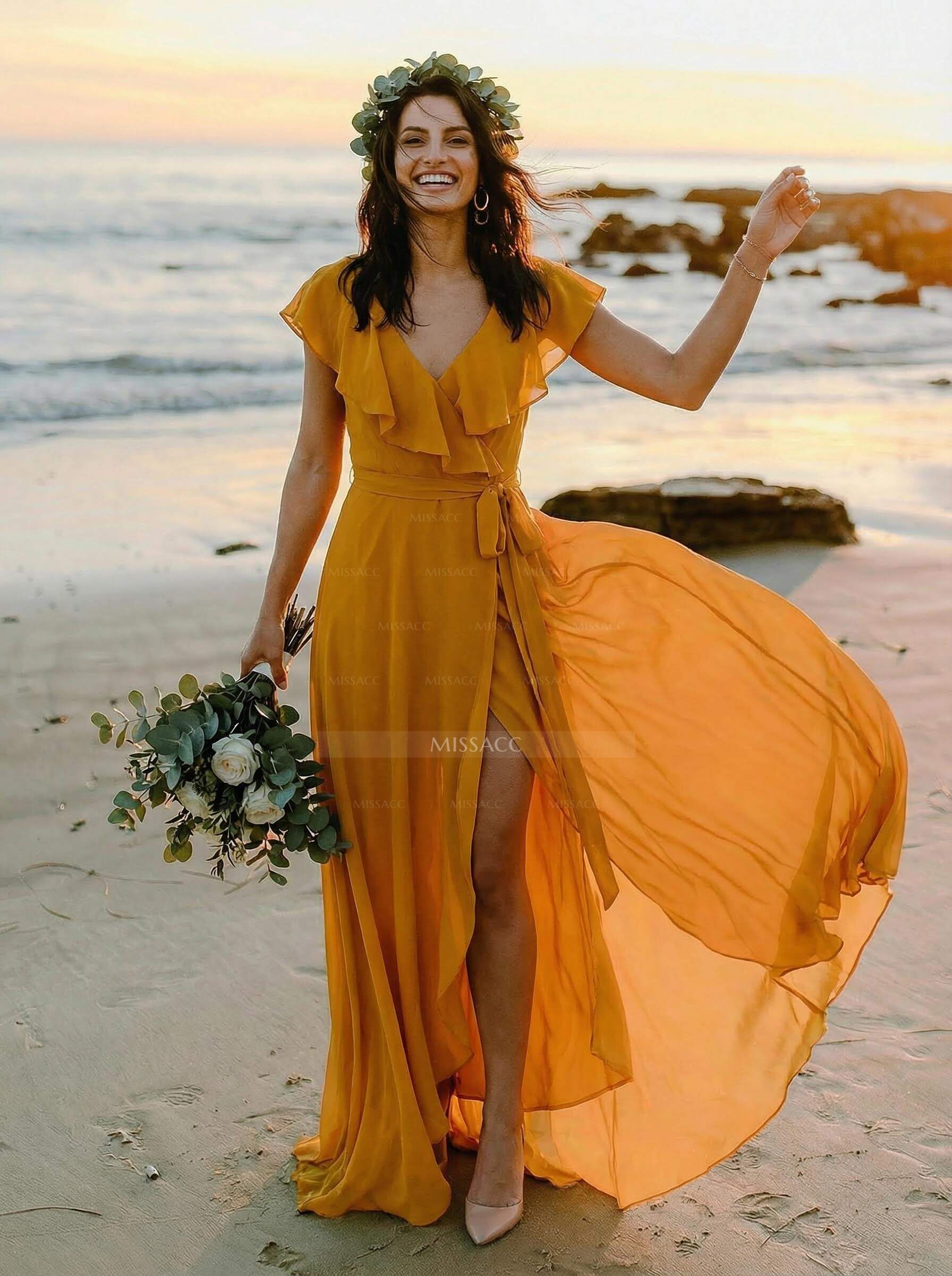 A-Line V-Neck Sleeveless Chiffon Asymmetrical Bridesmaid Dress With Bow(s)