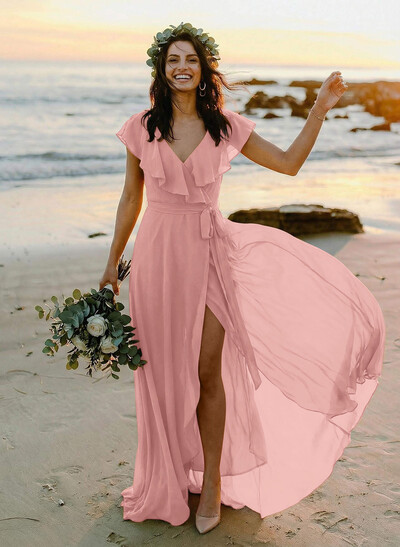 A-Line V-Neck Sleeveless Chiffon Asymmetrical Bridesmaid Dress With Bow(s)