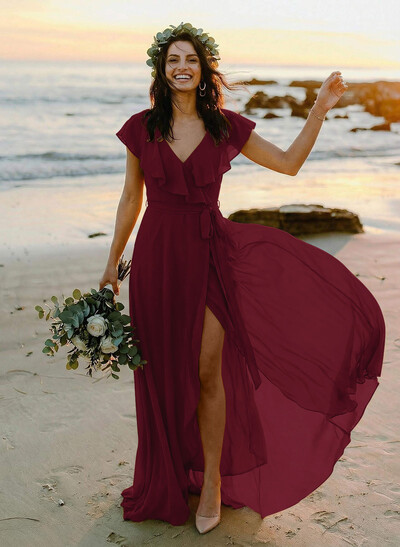 A-Line V-Neck Sleeveless Chiffon Asymmetrical Bridesmaid Dress With Bow(s)