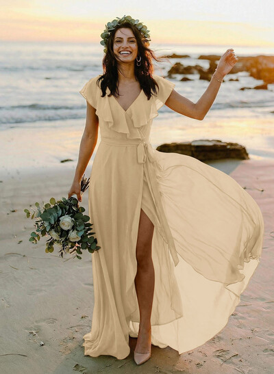 A-Line V-Neck Sleeveless Chiffon Asymmetrical Bridesmaid Dress With Bow(s)