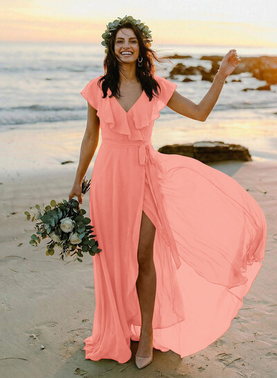 A-Line V-Neck Sleeveless Chiffon Asymmetrical Bridesmaid Dress With Bow(s)
