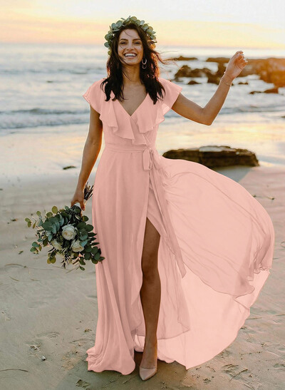 A-Line V-Neck Sleeveless Chiffon Asymmetrical Bridesmaid Dress With Bow(s)