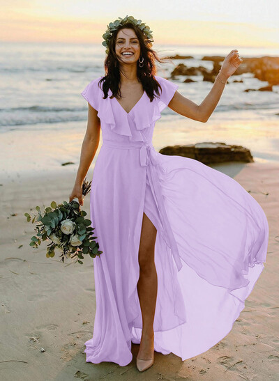 A-Line V-Neck Sleeveless Chiffon Asymmetrical Bridesmaid Dress With Bow(s)