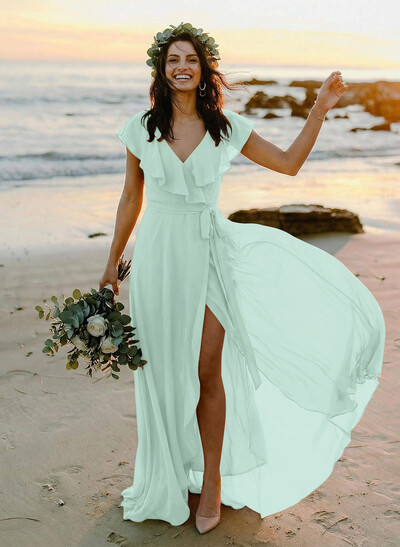A-Line V-Neck Sleeveless Chiffon Asymmetrical Bridesmaid Dress With Bow(s)