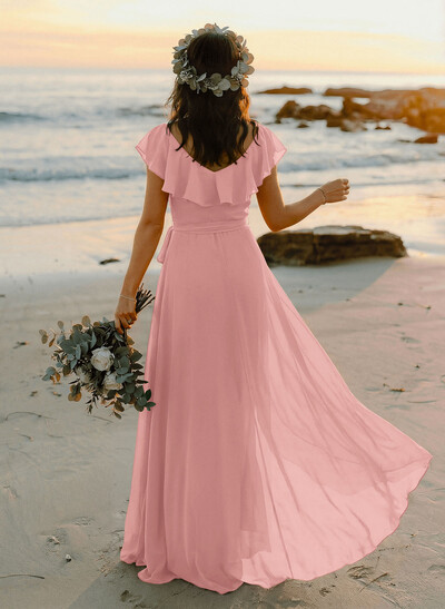 A-Line V-Neck Sleeveless Chiffon Asymmetrical Bridesmaid Dress With Bow(s)