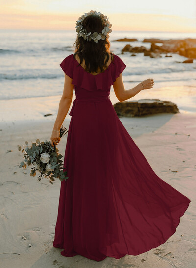 A-Line V-Neck Sleeveless Chiffon Asymmetrical Bridesmaid Dress With Bow(s)