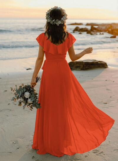 A-Line V-Neck Sleeveless Chiffon Asymmetrical Bridesmaid Dress With Bow(s)