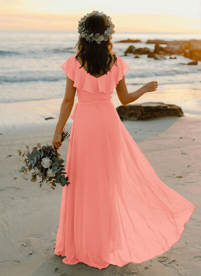 A-Line V-Neck Sleeveless Chiffon Asymmetrical Bridesmaid Dress With Bow(s)