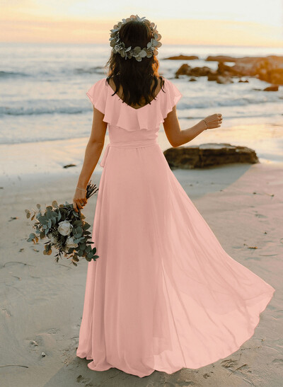 A-Line V-Neck Sleeveless Chiffon Asymmetrical Bridesmaid Dress With Bow(s)
