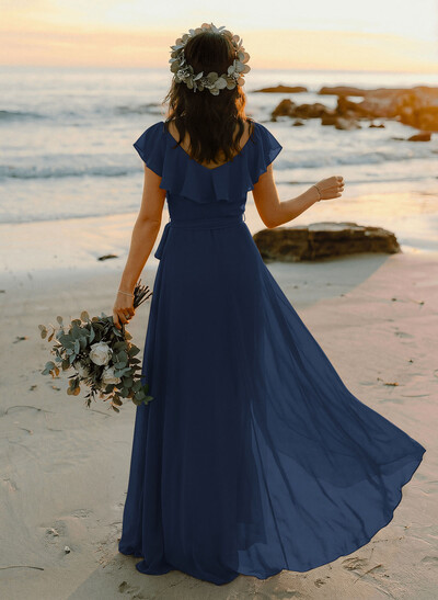 A-Line V-Neck Sleeveless Chiffon Asymmetrical Bridesmaid Dress With Bow(s)